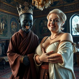 In an opulent Viking palace room adorned with intricate tapestries and ornate decor, a striking scene unfolds