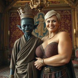 In an opulent Viking palace room adorned with intricate tapestries and ornate decor, a striking scene unfolds