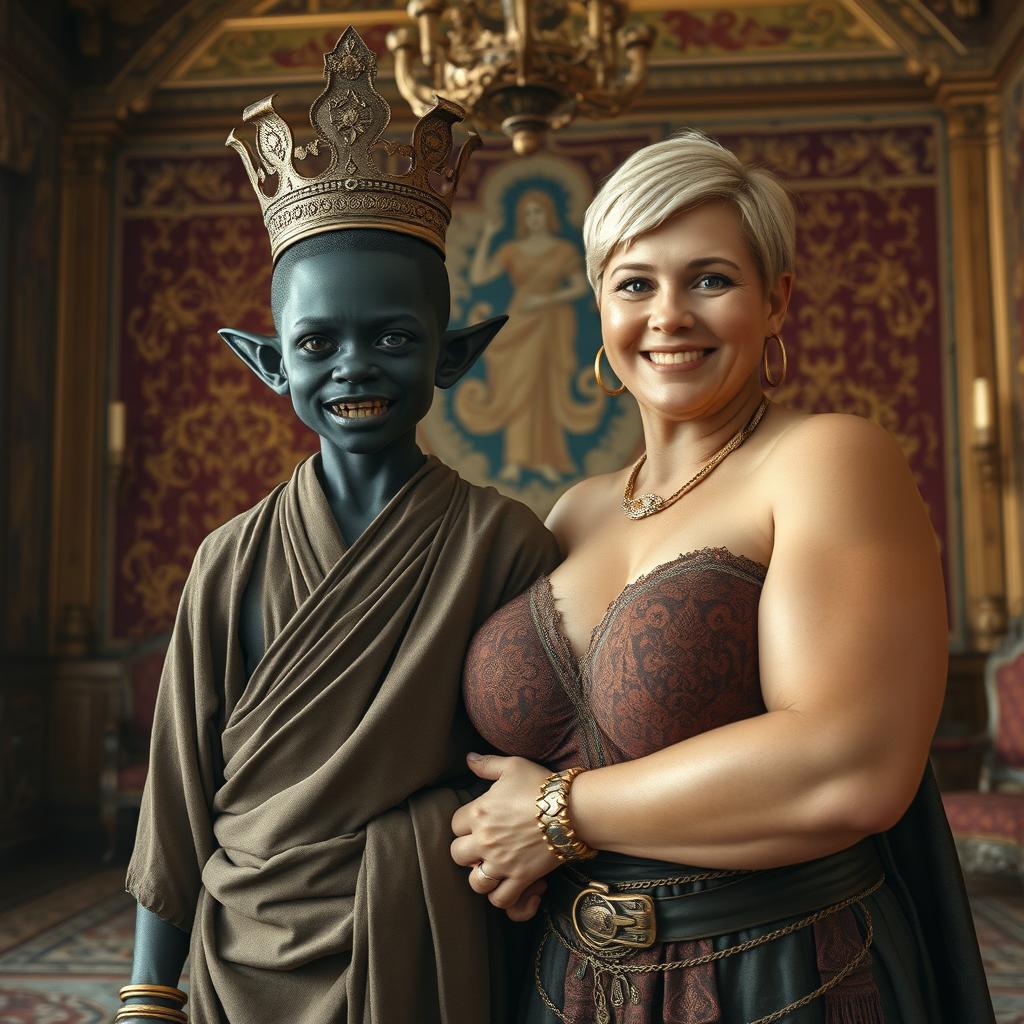 In an opulent Viking palace room adorned with intricate tapestries and ornate decor, a striking scene unfolds