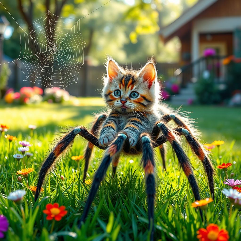 A hybrid creature that is a combination of a kitten and a spider, featuring a fluffy cat body with long, slender spider legs