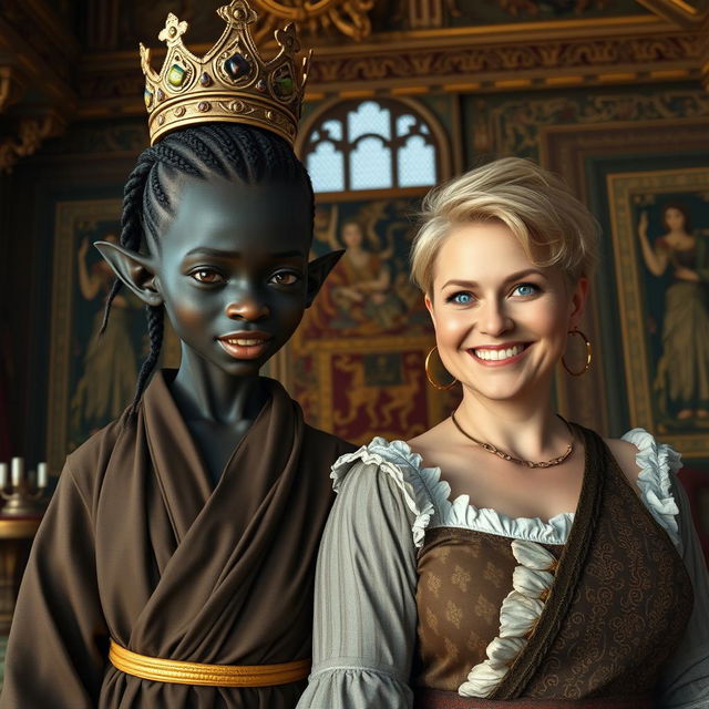 In a grand Viking palace room filled with ornate decorations and detailed tapestries, a striking scene features two captivating women