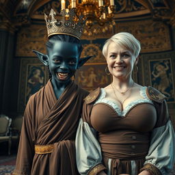 In a grand Viking palace room filled with ornate decorations and detailed tapestries, a striking scene features two captivating women