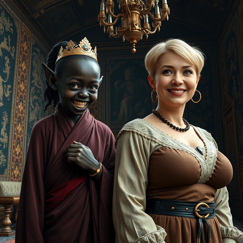 In a grand Viking palace room filled with ornate decorations and detailed tapestries, a striking scene features two captivating women