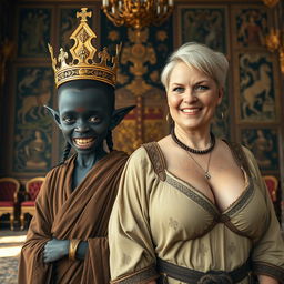 In a grand Viking palace room filled with ornate decorations and detailed tapestries, a striking scene features two captivating women