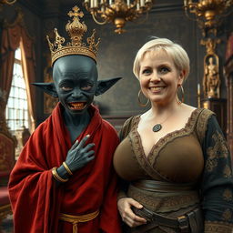 In a lavish Viking palace room filled with rich decorations and majestic furnishings, the scene presents two striking women