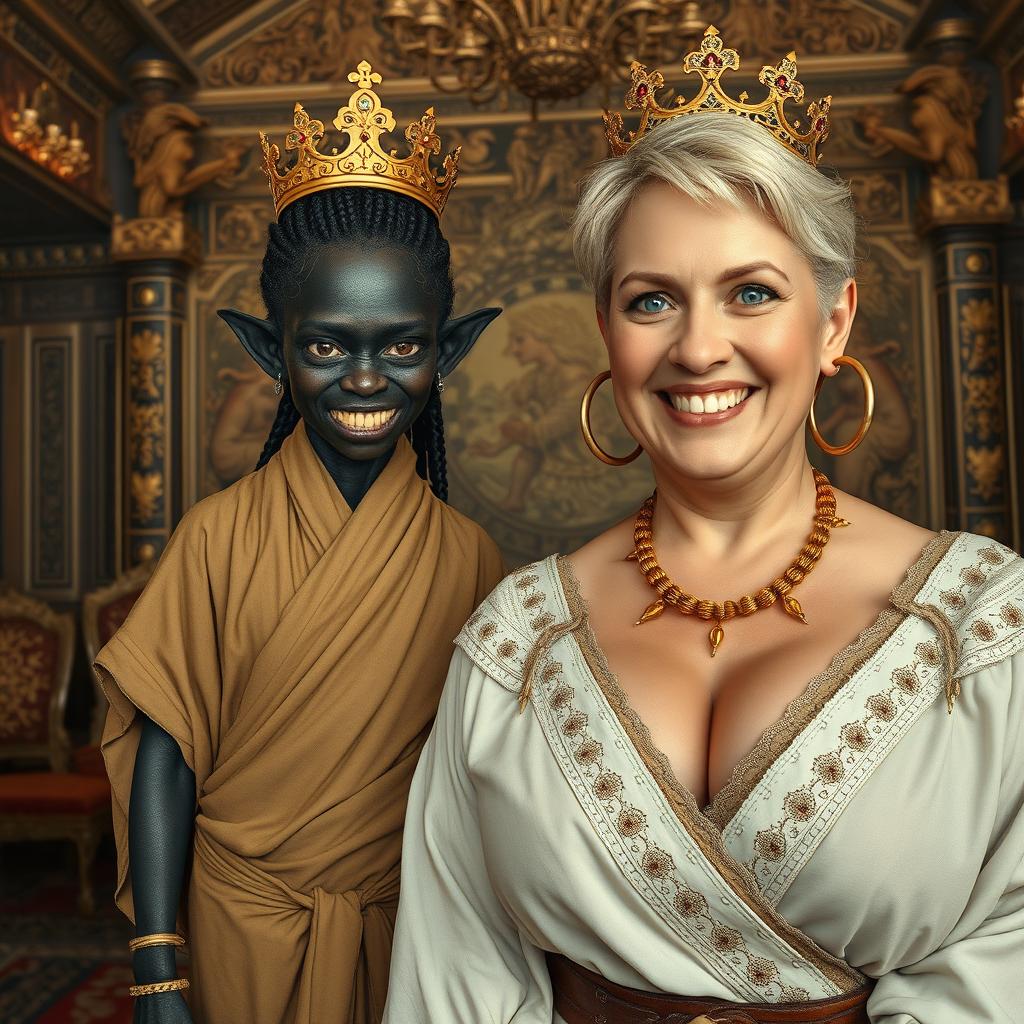 In a lavish Viking palace room adorned with intricate carvings and luxurious fabrics, the scene centers around two striking women