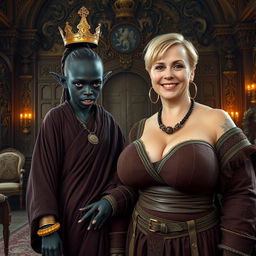 In a lavish Viking palace room adorned with intricate carvings and luxurious fabrics, the scene centers around two striking women