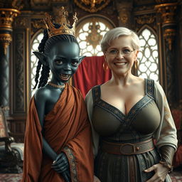 In a lavish Viking palace room adorned with intricate carvings and luxurious fabrics, the scene centers around two striking women