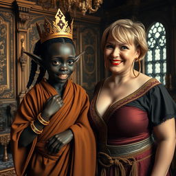 In a lavish Viking palace room adorned with intricate carvings and luxurious fabrics, the scene centers around two striking women