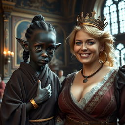 In a grand Viking palace room filled with ornate details and rich fabrics, the image features two contrasting women