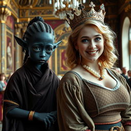 In a grand Viking palace room filled with ornate details and rich fabrics, the image features two contrasting women