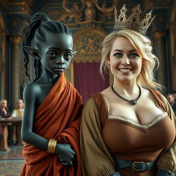 In a grand Viking palace room filled with ornate details and rich fabrics, the image features two contrasting women