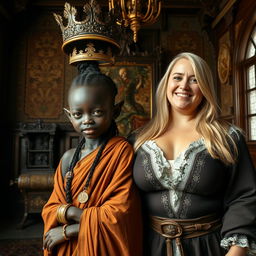Inside an ornate Viking palace room, richly decorated with tapestries and carved wood, stands a striking scene featuring two contrasting women