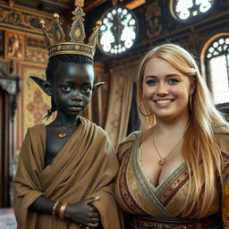 Inside an ornate Viking palace room, richly decorated with tapestries and carved wood, stands a striking scene featuring two contrasting women