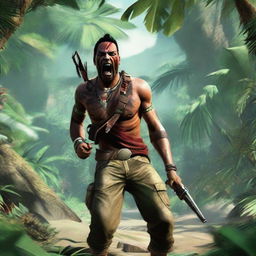 A fierce native NPC character from Far Cry 3, dressed in tribal attire, waving an AK47 overhead and yelling 'Who's the man? Me!' in the midst of a lush, chaotic jungle.