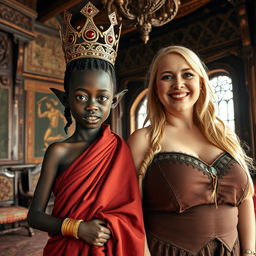 Inside an ornate Viking palace room, richly decorated with tapestries and carved wood, stands a striking scene featuring two contrasting women