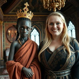 Inside an ornate Viking palace room, richly decorated with tapestries and carved wood, stands a striking scene featuring two contrasting women