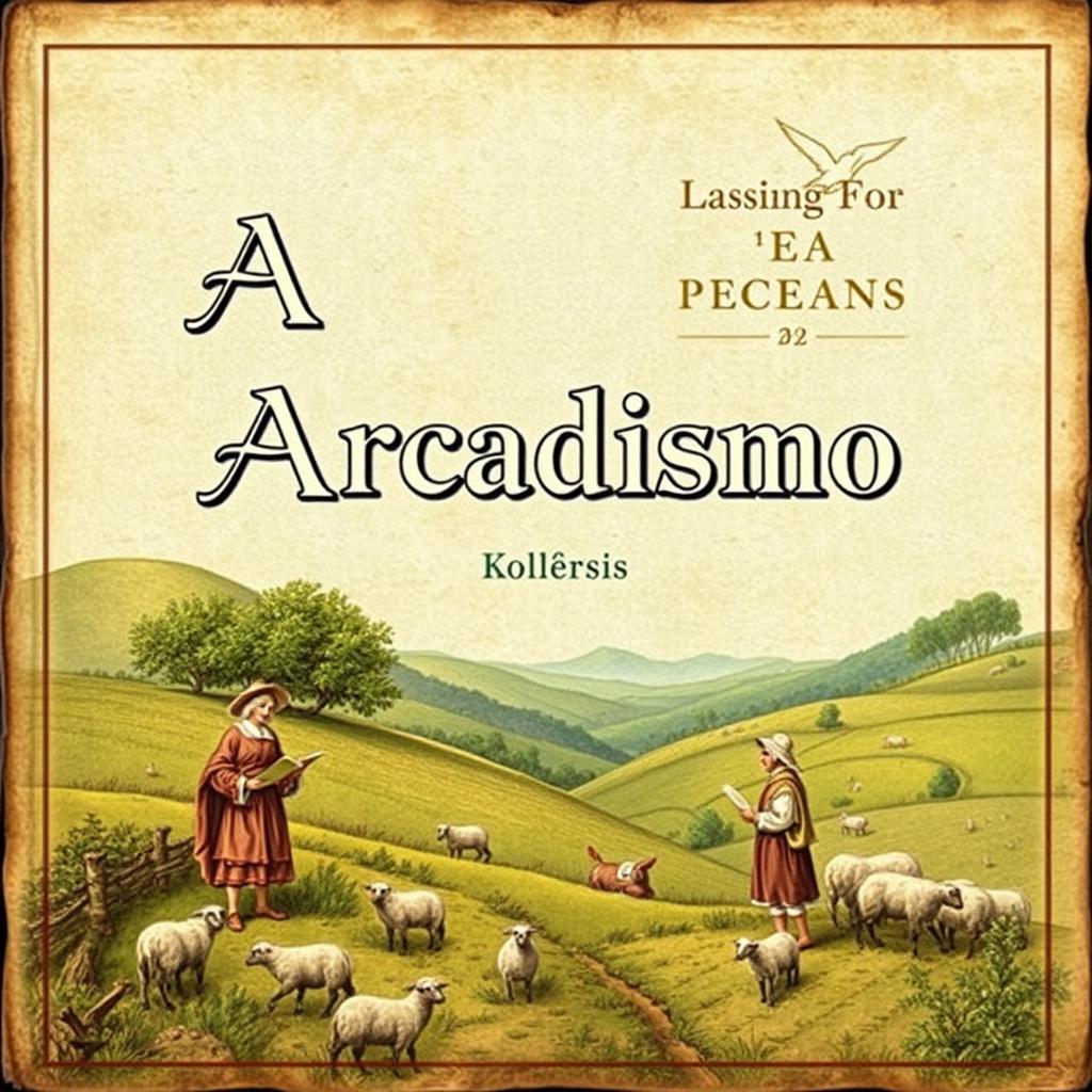 An ancient-looking book cover depicting themes of Arcadismo, with a serene pastoral landscape filled with gentle hills, lush greenery, and a picturesque clear blue sky