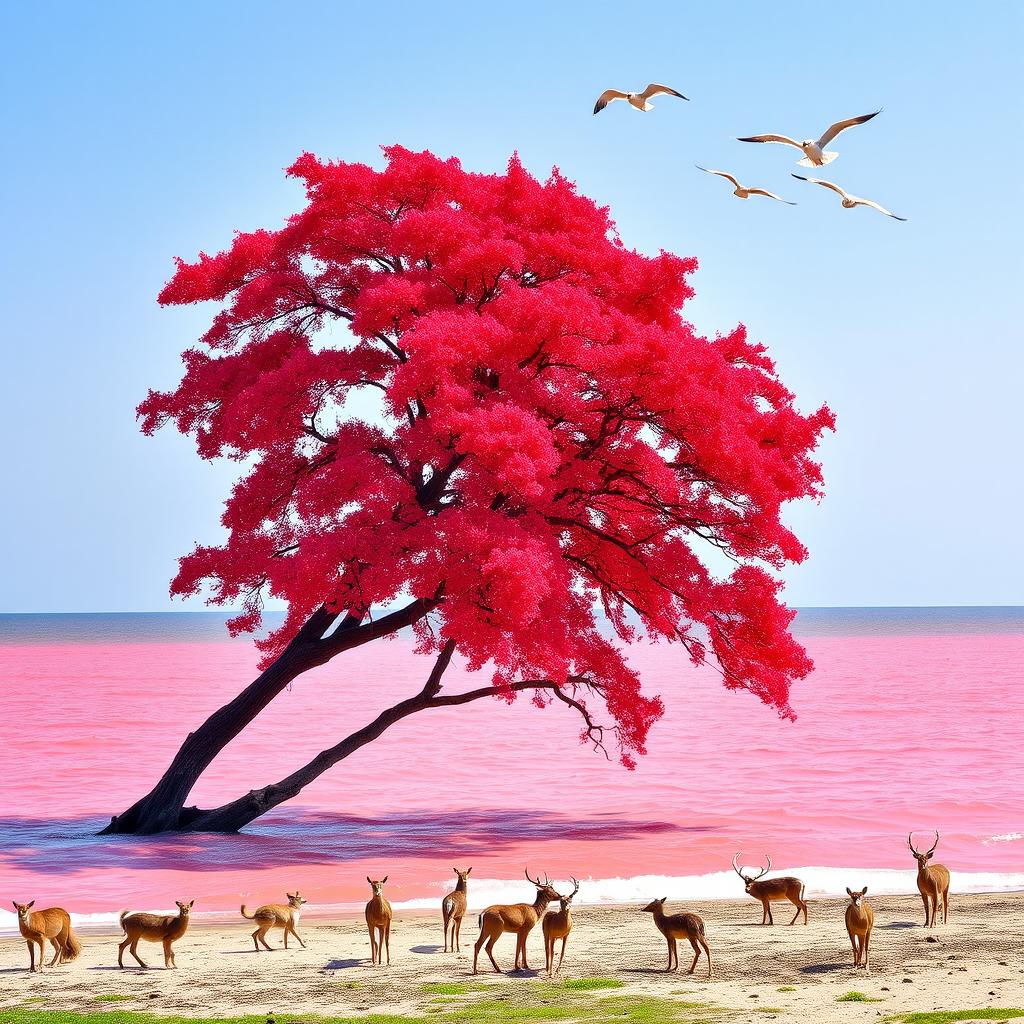 A beautiful pink sea beside a vibrant red tree, with birds gracefully soaring above the water