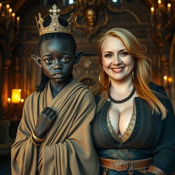 In a lavish Viking palace room filled with intricate decor and warm lighting, two striking women portray an unusual contrast