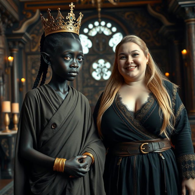 In a lavish Viking palace room filled with intricate decor and warm lighting, two striking women portray an unusual contrast