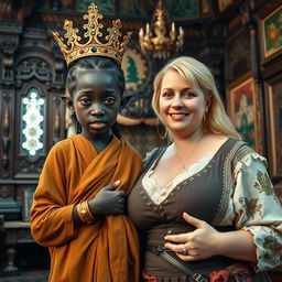 In an elaborately decorated Viking palace room, vibrant with intricate wooden carvings and colorful tapestries, two distinctly different women create a captivating scene