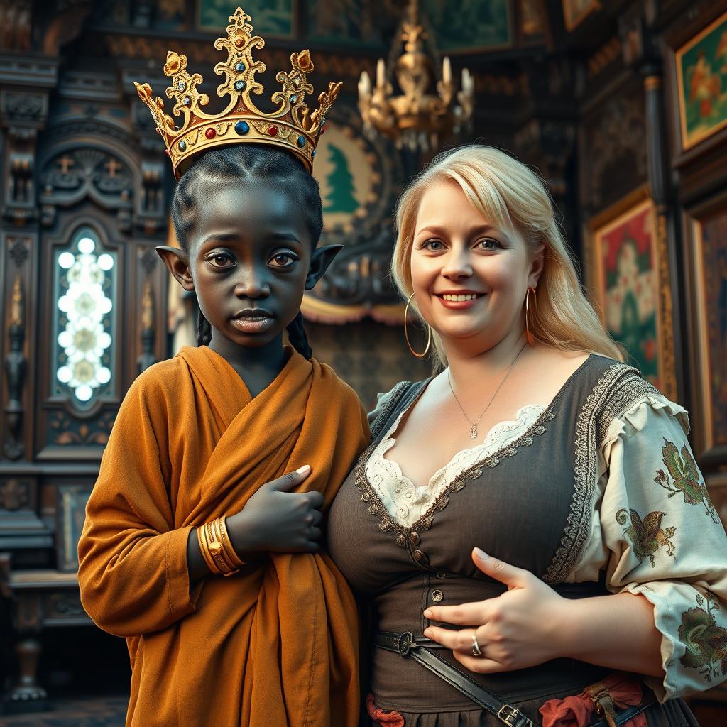 In an elaborately decorated Viking palace room, vibrant with intricate wooden carvings and colorful tapestries, two distinctly different women create a captivating scene