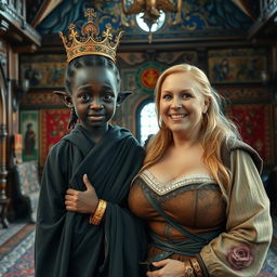 In an elaborately decorated Viking palace room, vibrant with intricate wooden carvings and colorful tapestries, two distinctly different women create a captivating scene