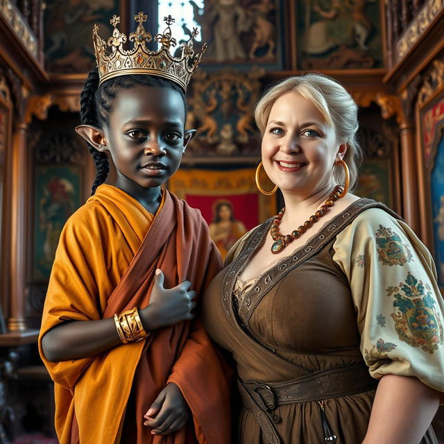 In an elaborately decorated Viking palace room, vibrant with intricate wooden carvings and colorful tapestries, two distinctly different women create a captivating scene