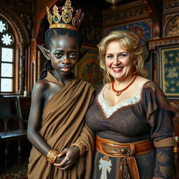 In an elaborately decorated Viking palace room, vibrant with intricate wooden carvings and colorful tapestries, two distinctly different women create a captivating scene