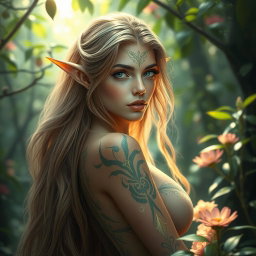 A beautiful elf in a mythical forest setting, showcasing enchanting features and an alluring aura