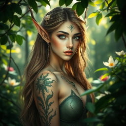 A beautiful elf in a mythical forest setting, showcasing enchanting features and an alluring aura