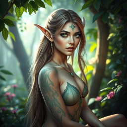 A beautiful elf in a mythical forest setting, showcasing enchanting features and an alluring aura