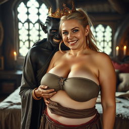 In a Viking palace bedroom, a young African woman who is short, emaciated, and 20 years old, with very dark black skin, wearing a long closed Buddhist robe