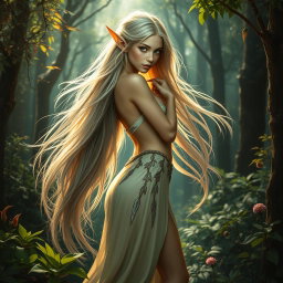 A captivating and artistic representation of a mystical elf with long, flowing hair, showcasing a full body pose in an enchanting forest