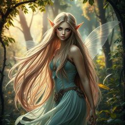 A captivating and artistic representation of a mystical elf with long, flowing hair, showcasing a full body pose in an enchanting forest