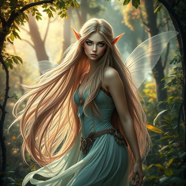 A captivating and artistic representation of a mystical elf with long, flowing hair, showcasing a full body pose in an enchanting forest