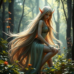 A captivating and artistic representation of a mystical elf with long, flowing hair, showcasing a full body pose in an enchanting forest
