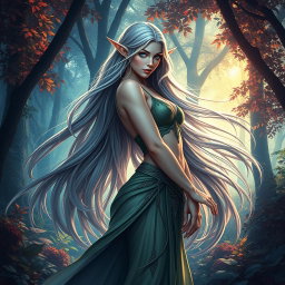 A captivating and artistic representation of a mystical elf with long, flowing hair, showcasing a full body pose in an enchanting forest