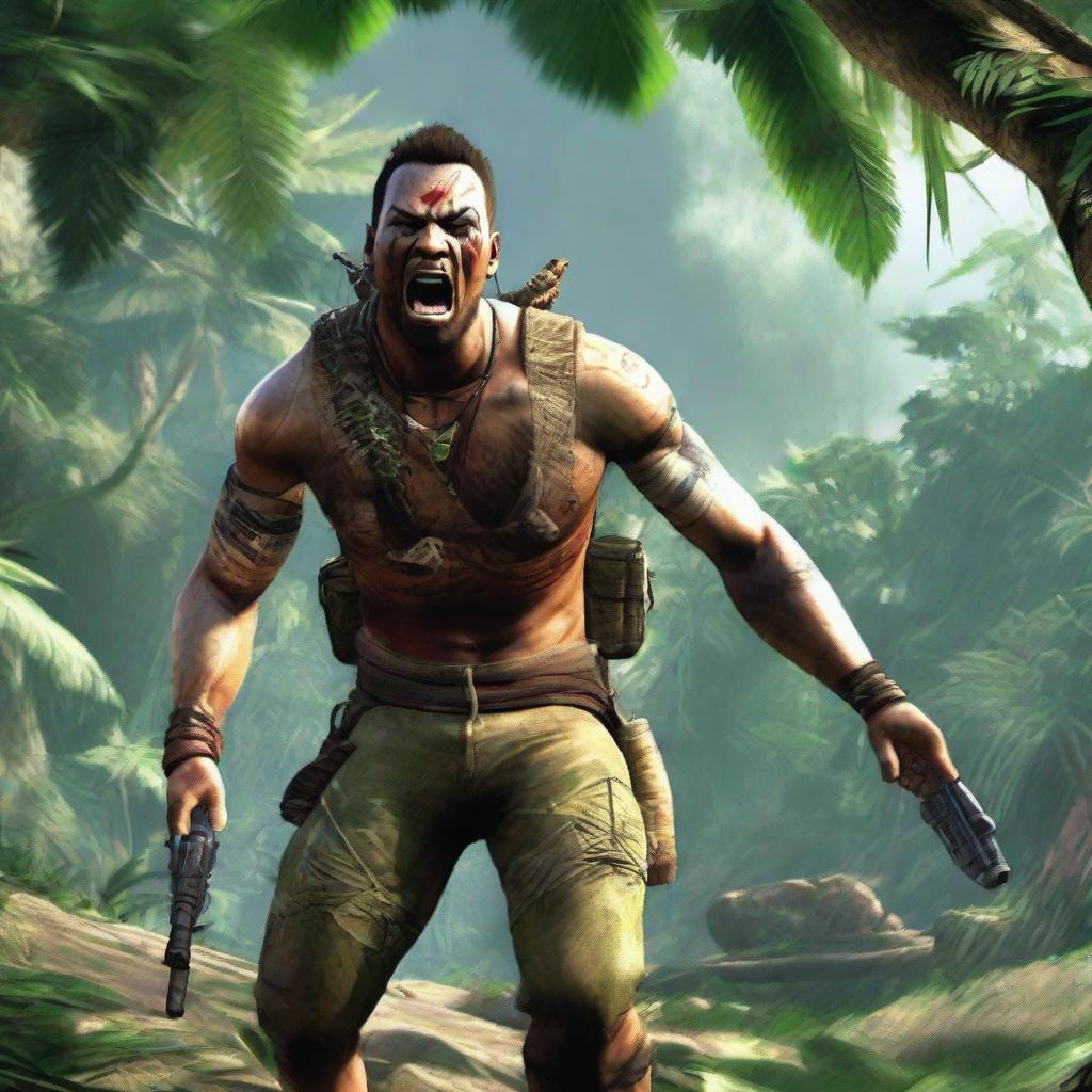 A fierce native NPC character from Far Cry 3, dressed in tribal attire, waving an AK47 overhead and yelling 'Who's the man? Me!' in the midst of a lush, chaotic jungle.