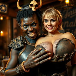 In a medieval Viking bar, a powerful scene features a 20-year-old short, malnourished African woman with deeply black skin and demonic yellow-red eyes