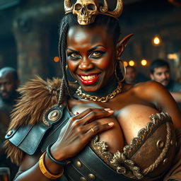In a medieval Viking bar, a powerful scene features a 20-year-old short, malnourished African woman with deeply black skin and demonic yellow-red eyes