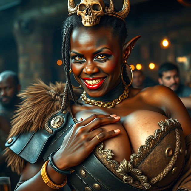 In a medieval Viking bar, a powerful scene features a 20-year-old short, malnourished African woman with deeply black skin and demonic yellow-red eyes