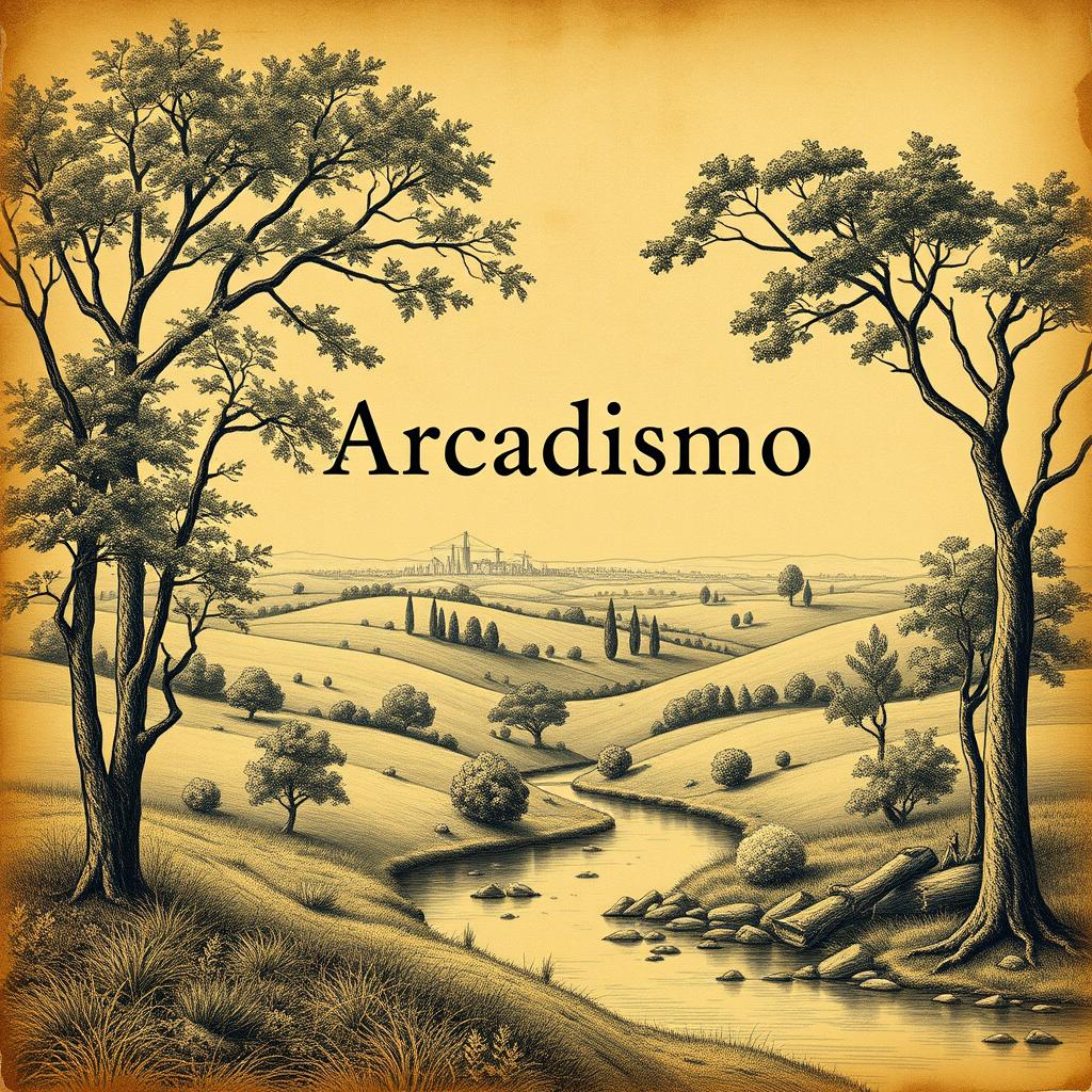 A vintage-style cover page for a project, incorporating key elements of Arcadismo such as nature, classical motifs, bucolism, and pastoralism