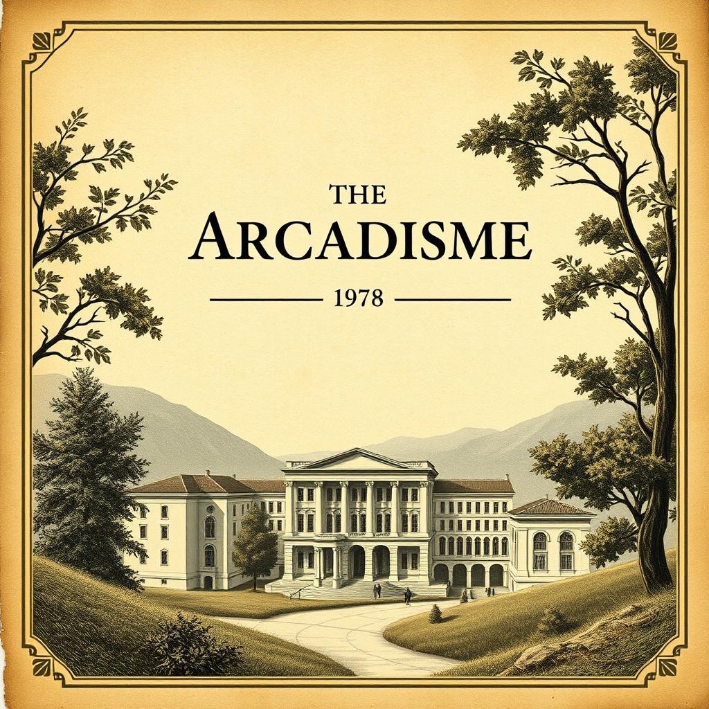 A vintage-inspired cover design for a work or essay, focusing on the themes of Arcadismo, classic Bucolismo and pastoralismo, with an emphasis on urban life criticism and Enlightenment ideas