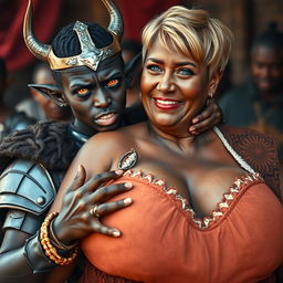 In a vivid scene, a 20-year-old short, malnourished African woman stands out with her deeply black skin, demonic yellow-red eyes, and a fierce expression