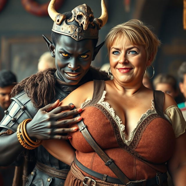 In a vivid scene, a 20-year-old short, malnourished African woman stands out with her deeply black skin, demonic yellow-red eyes, and a fierce expression