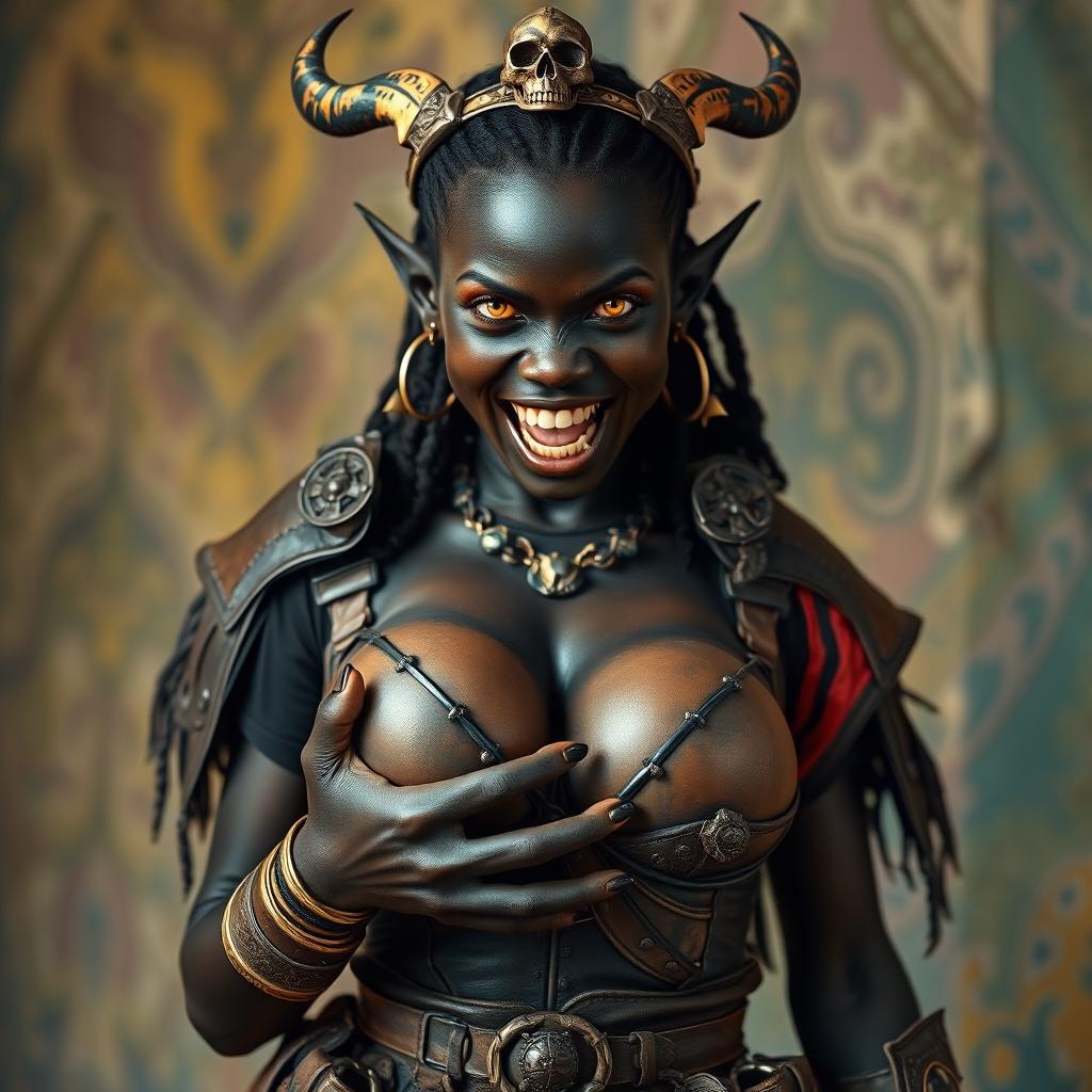 In a vibrant setting, a striking 20-year-old short, malnourished African woman stands out with her deeply black skin, demonic yellow-red eyes, and an expression full of rage
