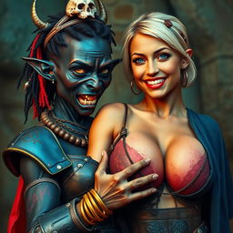 In a vibrant setting, a striking 20-year-old short, malnourished African woman stands out with her deeply black skin, demonic yellow-red eyes, and an expression full of rage