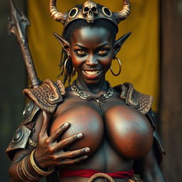 In a vibrant setting, a striking 20-year-old short, malnourished African woman stands out with her deeply black skin, demonic yellow-red eyes, and an expression full of rage